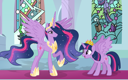 Size: 4762x2993 | Tagged: safe, artist:existencecosmos188, twilight sparkle, alicorn, pony, the last problem, ascension enhancement, base used, clothes, crown, duality, duo, ethereal hair, ethereal mane, ethereal tail, eyelashes, female, hoof shoes, indoors, jewelry, lidded eyes, mare, older, older twilight, peytral, princess shoes, princess twilight 2.0, raised hoof, regalia, self paradox, self ponidox, shoes, smiling, stained glass, starry mane, tail, tiara, time paradox, twilight sparkle (alicorn)