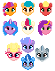 Size: 1178x1520 | Tagged: safe, alphabittle blossomforth, argyle starshine, hitch trailblazer, izzy moonbow, phyllis cloverleaf, pipp petals, queen haven, sprout cloverleaf, sunny starscout, zipp storm, earth pony, pegasus, pony, unicorn, g5, spoiler:g5, mane five, pixel art, simple background, sprout joins the mane five, white background