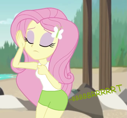Size: 687x640 | Tagged: safe, artist:thedarkpony, edit, edited screencap, screencap, fluttershy, equestria girls, g4, my little pony equestria girls: better together, unsolved selfie mysteries, clothes, cropped, fart, fart edit, fart noise, female, onomatopoeia, shorts, sound effects