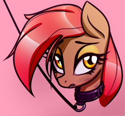 Size: 1603x1495 | Tagged: safe, artist:jetwave, oc, oc only, oc:dala vault, earth pony, pony, bust, collar, earth pony oc, eyeshadow, female, leash, makeup, mare, pet play, pink background, portrait, simple background, slave, solo