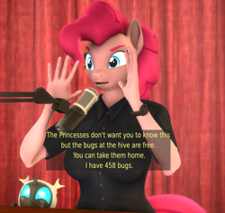 Size: 2276x2160 | Tagged: safe, artist:donglysfm, pinkie pie, changeling, changeling larva, anthro, plantigrade anthro, g4, 3d, alex jones, baby changeling, clothes, cute, cuteling, grub, high res, meme, microphone, ponified meme, revamped anthros, shirt, solo, source filmmaker, text