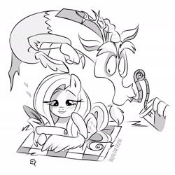 Size: 1920x1920 | Tagged: safe, artist:naquelinedelch2, discord, fluttershy, draconequus, pegasus, pony, g4, blushing, crazy straw, drawing, drink, duo, female, grayscale, heart, implied shipping, in love, mare, monochrome, quill, scroll, secret admirer, signature, simple background, spying, straw, white background, wing hands, wings, writing
