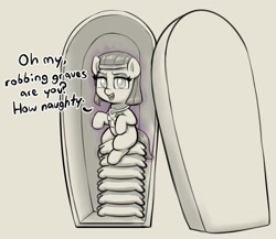 Size: 1932x1678 | Tagged: safe, artist:heretichesh, oc, oc only, oc:mummydew, earth pony, pony, ankh, egyptian, egyptian headdress, egyptian pony, female, filly, foal, monochrome, partial color, pillow, sarcophagus, solo, talking to viewer
