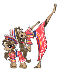 Size: 3111x4000 | Tagged: safe, artist:windywendy29, oc, oc only, oc:reyna (filipino), earth pony, pony, equestria girls, g4, belt, clothes, compression shorts, ear piercing, earring, equestria girls-ified, feet, female, filipino, hat, high kick, jewelry, kicking, mare, midriff, necklace, philippines, piercing, sandals, shirt, simple background, skirt, transparent background
