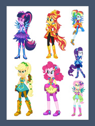 Size: 720x960 | Tagged: safe, artist:mixiepie, editor:amadondawn, applejack, fluttershy, pinkie pie, rainbow dash, rarity, sci-twi, sunset shimmer, twilight sparkle, human, equestria girls, g4, boots, clothes, cowboy boots, crystal guardian, female, gloves, high heel boots, humane five, humane seven, humane six, shoes, simple background, solo, white background