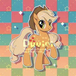 Size: 2000x2000 | Tagged: safe, artist:duvivi, part of a set, applejack, earth pony, pony, g4, checkered background, chromatic aberration, cute, female, high res, jackabetes, mare, solo, stars