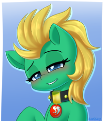 Size: 889x1035 | Tagged: safe, artist:bumpywish, oc, oc only, oc:professor sugarcube, earth pony, pony, bedroom eyes, blushing, bust, collar, commission, digital art, female, looking at you, portrait, solo