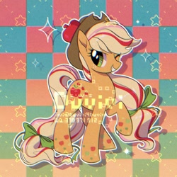 Size: 2000x2000 | Tagged: safe, alternate version, artist:duvivi, applejack, earth pony, pony, g4, bow, checkered background, chromatic aberration, cute, female, hair bow, high res, jackabetes, mare, one eye closed, rainbow power, smiling, solo, stars, wink