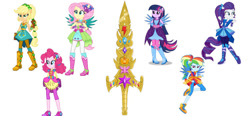 Size: 862x400 | Tagged: safe, artist:kamenriderpegasus, artist:limedazzle, artist:mixiepie, editor:amadondawn, applejack, fluttershy, pinkie pie, rainbow dash, rarity, twilight sparkle, alicorn, equestria girls, g4, boots, cowboy boots, crystal guardian, high heel boots, humane five, humane six, ponied up, shoes, simple background, solo, sword, twilight sparkle (alicorn), weapon, white background