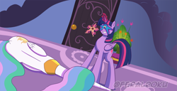 Size: 2463x1262 | Tagged: safe, artist:feralroku, princess celestia, twilight sparkle, alicorn, alien, pony, g4, burned horn, celestia's bedroom, commission, crossover, dc comics, defeated, evil smile, folded wings, glowing, glowing horn, grin, horn, lying down, magic, mind control, parasite, possessed, rear view, smiling, starro, telekinesis, twilight sparkle (alicorn), wings