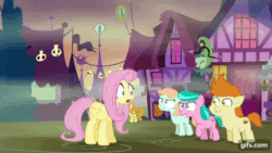 Size: 640x360 | Tagged: safe, screencap, aquamarine, carrot top, cherry berry, fluttershy, gallop j. fry, golden harvest, peach fuzz, earth pony, pegasus, pony, g4, scare master, season 5, ^^, animated, cartoon physics, colt, dust cloud, eyes closed, female, filly, foal, gif, gifs.com, laughing, male, mare, nightmare night, open mouth, open smile, running, scared, smiling