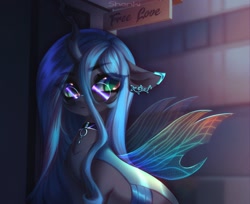 Size: 2108x1723 | Tagged: safe, artist:shenki, queen chrysalis, changeling, g4, choker, eye clipping through hair, female, glasses, mare, solo