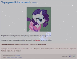 Size: 429x329 | Tagged: safe, screencap, princess luna, rarity, alicorn, pony, unicorn, equestria daily, luna game, g4, season 1, suited for success, 2011, angry, banned, bathrobe, clothes, night, rarity is not amused, robe, s1 luna, sethisto, stars, text, unamused, yoyo games