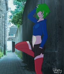 Size: 804x924 | Tagged: safe, artist:ukedideka, oc, oc only, oc:quizzical aphre, human, arm behind head, clothes, female, frown, hand in pocket, hoodie, humanized, humanized oc, leaning, leaning on wall, looking at you, outdoors, photo, real life background, shorts, signature, socks, solo, thigh highs, tired, unbuttoned