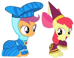 Size: 720x560 | Tagged: safe, artist:darlycatmake, edit, edited screencap, screencap, apple bloom, scootaloo, earth pony, pegasus, pony, for whom the sweetie belle toils, g4, amused, background removed, big smile, clothes, dress, dressup, duo, duo female, excited, female, filly, foal, getting dressed, happy, hennin, lesbian, looking at each other, looking at someone, mare, not a vector, princess, princess apple bloom, princess costume, proud, school play, ship:scootabloom, shipping, show accurate, simple background, sitting, smiling, smiling at each other, transparent background