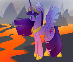 Size: 1280x1084 | Tagged: safe, artist:foxsoup, twilight sparkle, alicorn, pony, g4, the last problem, female, lava, mare, older, older twilight, older twilight sparkle (alicorn), princess twilight 2.0, smiling, smirk, smuglight sparkle, solo, spread wings, twilight sparkle (alicorn), wings