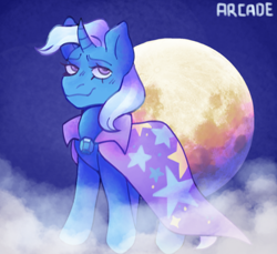 Size: 640x586 | Tagged: safe, artist:mydoomvirus, trixie, g4, cape, clothes, fog, lidded eyes, moon, smiling, trixie's cape