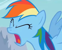 Size: 473x380 | Tagged: safe, screencap, rainbow dash, pegasus, pony, g4, season 1, sonic rainboom (episode), eyes closed, female, frown, louder, mare, multicolored hair, open mouth, screaming, solo, spread wings, wings, youtube link