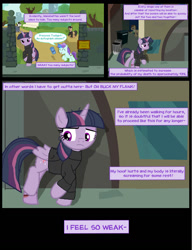Size: 1042x1358 | Tagged: safe, artist:dendoctor, doctor whooves, liza doolots, mean twilight sparkle, petunia, time turner, tootsie flute, alicorn, earth pony, pony, unicorn, comic:clone.., g4, alley, alternate universe, clone, clothes, comic, dumpster, female, filly, foal, glowing, glowing horn, horn, injured, magic, park bench, telekinesis, trash can, tree, twilight sparkle (alicorn)