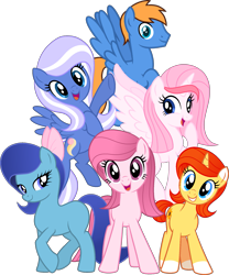 Size: 1615x1943 | Tagged: safe, artist:tanahgrogot, oc, oc only, oc:annisa trihapsari, oc:bluelight, oc:rozyfly, oc:starnight, oc:strawberries, oc:sunflower, alicorn, earth pony, pegasus, pony, unicorn, series:the legend of tenderheart, alicorn oc, base used, bow, earth pony oc, female, grin, gritted teeth, group, hair bow, happy, horn, looking at you, male, mare, medibang paint, open mouth, pegasus oc, simple background, smiling, smiling at you, stallion, transparent background, unicorn oc, wings