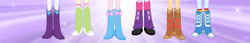 Size: 828x143 | Tagged: safe, applejack, fluttershy, pinkie pie, rainbow dash, rarity, sci-twi, twilight sparkle, equestria girls, g4, boots, boots shot, clothes, cowboy boots, high heel boots, humane five, humane six, legs, mane six, pictures of legs, polka dot socks, rainbow socks, shoes, socks, striped socks