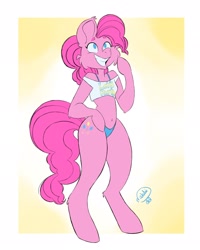 Size: 1638x2048 | Tagged: safe, artist:mealwhorm, pinkie pie, earth pony, anthro, unguligrade anthro, g4, arm hooves, belly button, blue underwear, bra, breasts, cheek fluff, clothes, delicious flat chest, female, grin, panties, short shirt, signature, simple background, smiling, solo, underwear