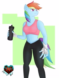 Size: 2403x3204 | Tagged: safe, artist:papery xlp, pegasus, anthro, bottle, breasts, clothes, high res, solo, sports bra