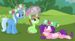 Size: 1920x1055 | Tagged: safe, artist:grapefruit-face, pipp petals, trixie, oc, oc:limey lulamoon, pegasus, pony, unicorn, g5, base used, female, floral head wreath, flower, hooves on cheeks, horn, lying down, magic, magic aura, mother and child, mother and daughter, outdoors, park, show accurate, unicorn oc