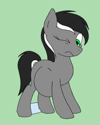 Size: 1252x1576 | Tagged: safe, artist:warrior_stew, oc, oc only, oc:renai, earth pony, pony, :s, earth pony oc, female, full body, green background, hooves, imminent birth, labor, mare, one eye closed, pregnant, simple background, standing, tail, two toned mane, two toned tail, waterbreak, wavy mouth