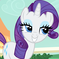 Size: 666x666 | Tagged: safe, edit, edited screencap, screencap, rarity, pony, unicorn, season 1, the best night ever, creepy, cropped, day, female, grin, lidded eyes, mare, outdoors, purple coiffure, scary, smiling, solo