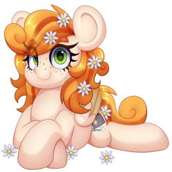 Size: 894x894 | Tagged: safe, artist:partypievt, oc, oc only, oc:megan rouge, earth pony, pony, eye clipping through hair, flower, flower in hair, freckles, looking at you, lying down, prone, simple background, smiling, solo, white background