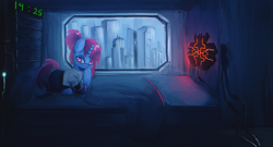 Size: 2475x1335 | Tagged: safe, artist:menalia, oc, oc only, oc:niroh fatal, cyborg, cyborg pony, pony, unicorn, amputee, bed, blanket, clothes, cyberpunk, dark room, female, lying down, mare, pants, pillow, prosthetic leg, prosthetic limb, prosthetics, room, shirt, t-shirt, thinking, time, window, wires