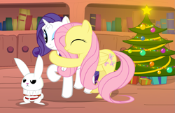 Size: 1669x1080 | Tagged: safe, artist:gign-3208, angel bunny, fluttershy, rarity, pegasus, pony, rabbit, unicorn, g4, animal, christmas, christmas tree, holiday, hug, present, tree