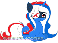 Size: 1280x946 | Tagged: safe, artist:jxst-bleo, pony, unicorn, crying, eyepatch, female, mare, nation ponies, north korea, north korean flag, obtrusive watermark, ponified, red eyes, simple background, solo, teary eyes, transparent background, watermark