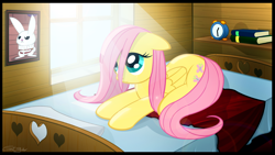 Size: 1920x1080 | Tagged: safe, artist:gign-3208, fluttershy, pegasus, pony, g4, alarm clock, bed, book, clock, solo, window