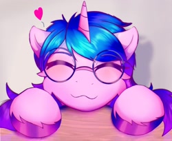 Size: 3030x2490 | Tagged: safe, artist:legionsunite, izzy moonbow, pony, unicorn, g5, my little pony: a new generation, blushing, bust, cheek fluff, cute, eyes closed, female, glasses, head on table, heart, high res, hooves on the table, izzybetes, mare, portrait, table, unshorn fetlocks, uwu
