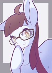Size: 1191x1684 | Tagged: safe, artist:sc_kis_rko, oc, oc only, oc:nanashi-chan, pony, bust, cute, female, glasses, gray background, looking at you, mare, simple background, smiling, smiling at you, solo