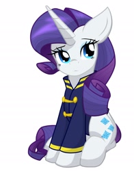 Size: 1800x2300 | Tagged: safe, artist:geraritydevillefort, rarity, pony, unicorn, the count of monte rainbow, g4, clothes, female, horn, looking at you, mare, rarifort, simple background, sitting, solo, the count of monte cristo, villefort, white background