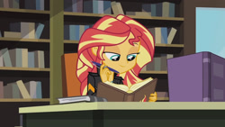 Size: 3410x1920 | Tagged: safe, screencap, sunset shimmer, equestria girls, g4, my little pony equestria girls: friendship games, book, clothes, female, jacket, leather, leather jacket, library, smiling, solo