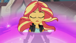 Size: 3410x1920 | Tagged: safe, screencap, sunset shimmer, equestria girls, g4, my little pony equestria girls: friendship games, canterlot high, clothes, eyes closed, female, jacket, leather, leather jacket, open mouth, solo