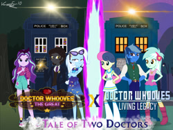 Size: 1280x955 | Tagged: safe, artist:sacrifice02, artist:vanossfan10, bon bon, doctor whooves, lyra heartstrings, starlight glimmer, sweetie drops, time turner, trixie, equestria girls, g4, crossover, doctor who, doctor whooves the great, doctor whooves the living legacy, forest background, lamppost, portal, street background, tardis, the doctor, title, title card