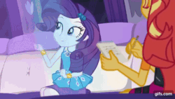 Size: 640x360 | Tagged: safe, screencap, rarity, sunset shimmer, driving miss shimmer, driving miss shimmer: rarity, equestria girls, g4, my little pony equestria girls: better together, my little pony equestria girls: choose your own ending, animated, belt, bracelet, clothes, cute, dancity, duo, duo female, eyeshadow, female, frilly design, geode of shielding, gif, gifs.com, gold, hairpin, jewelry, leather, leather vest, magical geodes, makeup, notepad, pencil, pencil skirt, pendant, rarara, raribetes, rarity peplum dress, skirt, sleeveless, smiling, tank top, vest