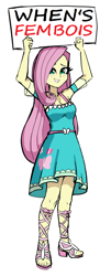 Size: 896x2216 | Tagged: safe, artist:nekojackun, fluttershy, equestria girls, g4, blushing, clothes, dress, fluttershy likes femboys, sign, simple background, smiling, solo, sweat, sweatdrop, white background