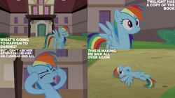 Size: 1280x720 | Tagged: safe, edit, edited screencap, editor:quoterific, screencap, rainbow dash, pegasus, pony, g4, read it and weep, season 2, eyes closed, female, implied twilight sparkle, mare, open mouth, ponyville hospital, smiling, solo, spread wings, text, wings