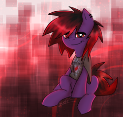 Size: 822x785 | Tagged: safe, artist:zeffdakilla, oc, oc only, oc:frankie fang, pegasus, pony, abstract background, clothes, emo, flyleaf, looking at you, piercing, purple, red eyes, shirt, sitting, smiling, solo