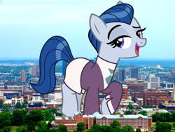 Size: 2048x1536 | Tagged: safe, artist:cheezedoodle96, artist:thegiantponyfan, edit, ever essence, earth pony, pony, g4, alabama, birmingham, female, giant pony, giant/macro earth pony, giantess, highrise ponies, irl, looking at you, macro, mega giant, open mouth, photo, ponies in real life, raised hoof, smiling, smiling at you, standing on two hooves