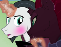 Size: 2721x2102 | Tagged: safe, artist:decokenite, chancellor neighsay, fizzlepop berrytwist, tempest shadow, pony, unicorn, g4, aura, bed, blushing, broken horn, clothes, duo, ears back, female, grin, high res, horn, looking at each other, looking at someone, male, mare, scarf, shipping, shipping fuel, smiling, smirk, stallion, straight, tempest neighsay