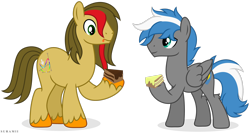 Size: 3364x1783 | Tagged: safe, artist:suramii, oc, oc only, oc:cloud zapper, oc:vector, earth pony, pegasus, pony, cake, food, male, simple background, stallion, transparent background