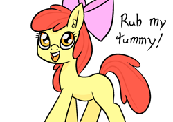 Size: 1414x1000 | Tagged: safe, artist:happy harvey, apple bloom, earth pony, pony, g4, belly, bellyrub request, blank flank, bow, cute, dialogue, ear fluff, female, filly, foal, hair bow, looking up, open mouth, orange eyes, phone drawing, red hair, red tail, simple background, solo, tail, transparent background, yellow fur