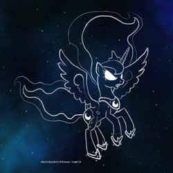 Size: 750x750 | Tagged: safe, artist:rlynn-art, princess luna, alicorn, pony, g4, eyelashes, female, hoof shoes, mare, peytral, solo, space, stars, white eyes